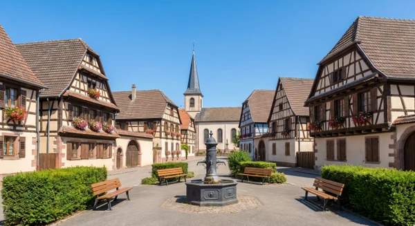 Vue d'une rue, place ou point de repère caractéristique de Nordhouse, photographiée en journée avec une bonne luminosité. L'image doit montrer l'environnement urbain ou semi-urbain typique de cette commune alsacienne, transmettant un sentiment de localisation géographique précise et de proximité locale. Pas de véhicules, pas d'activités commerciales visibles.
